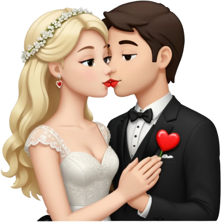 Девушка целуется с мужчиной. Они в свадебных нарядах. На фоне сердечки и кольца  emoji