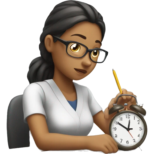 female student taking an exam with clock emoji