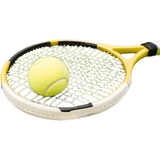 A tennis racket and ball positioned on a grass court, with the net and lines clearly visible in the background. The scene emphasizes the classic elements of the sport, capturing the energy and precision of a tennis match. emoji