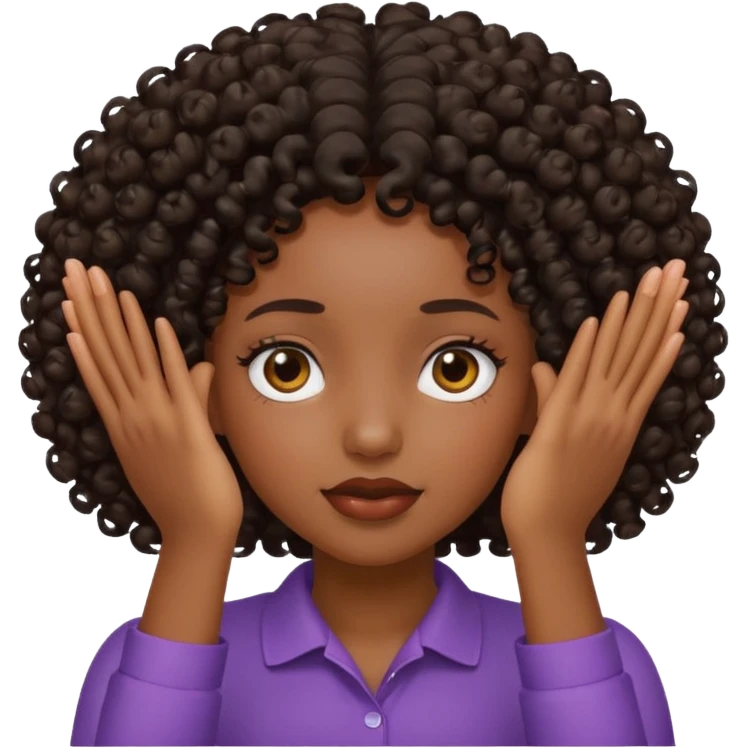 A black girl with curly hair put two hands in front of her face emoji