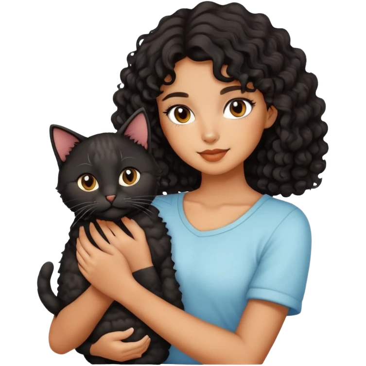 A beautiful girl with short curly black medium long hairs holding a cat emoji