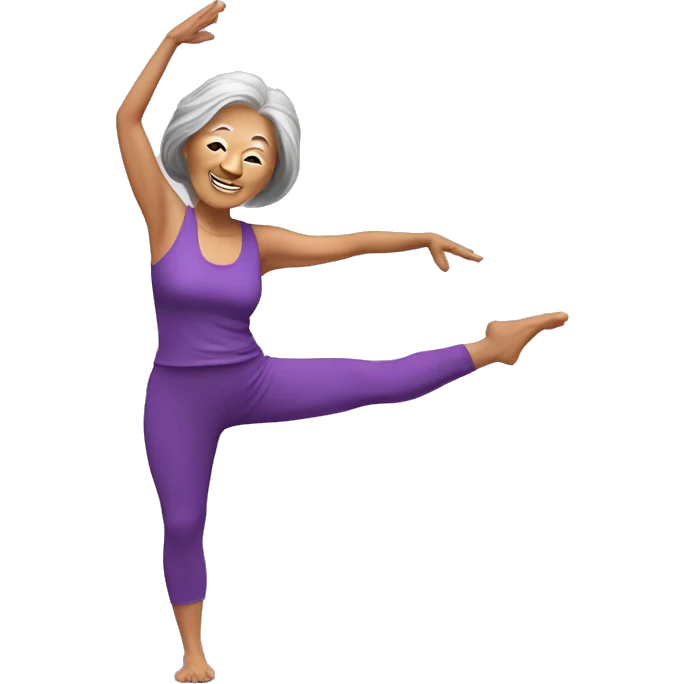 Long hair Asian senior woman in purple yoga cloth dancing Zumba emoji