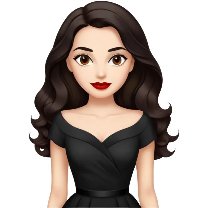 Distinguished actress with bright complexion, long dark hair with soft waves, large expressive dark eyes with classic makeup, defined brows, red lipstick, wearing elegant black dress, confident professional smile emoji