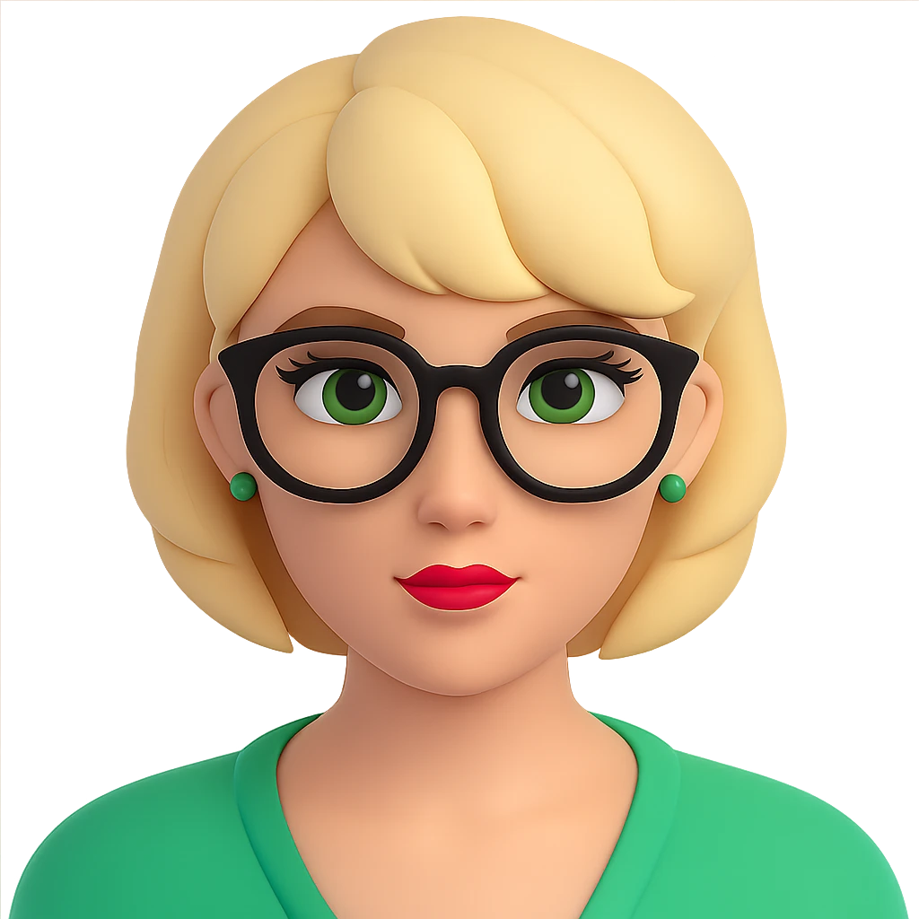 Add stylish glasses to the woman with thick blonde short hair and green eyes in a 3D emoji style. Keep the 3D emoji look consistent and remove the background. emoji