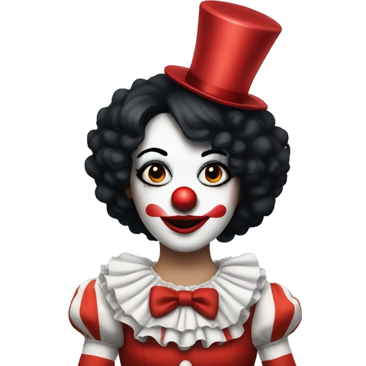 Female Clown with black hair, big red nose, and white makeup emoji