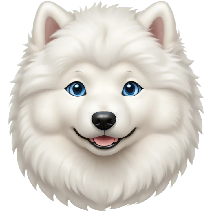 Cinematic Cute Samoyed Portrait Emoji, Head tilted playfully and inquisitively, featuring a fluffy, pristine white Fur with a natural sheen, round, sparkling blue eyes filled with curiosity, Simplified yet irresistibly adorable features, highly detailed, glowing with a warm, friendly glow, high shine, affectionate and lively, stylized with a touch of whimsy, bright and endearing, soft glowing outline, capturing the essence of a mischievous yet loving companion, so playful it feels like it could frolic out of the screen and into your arms! emoji