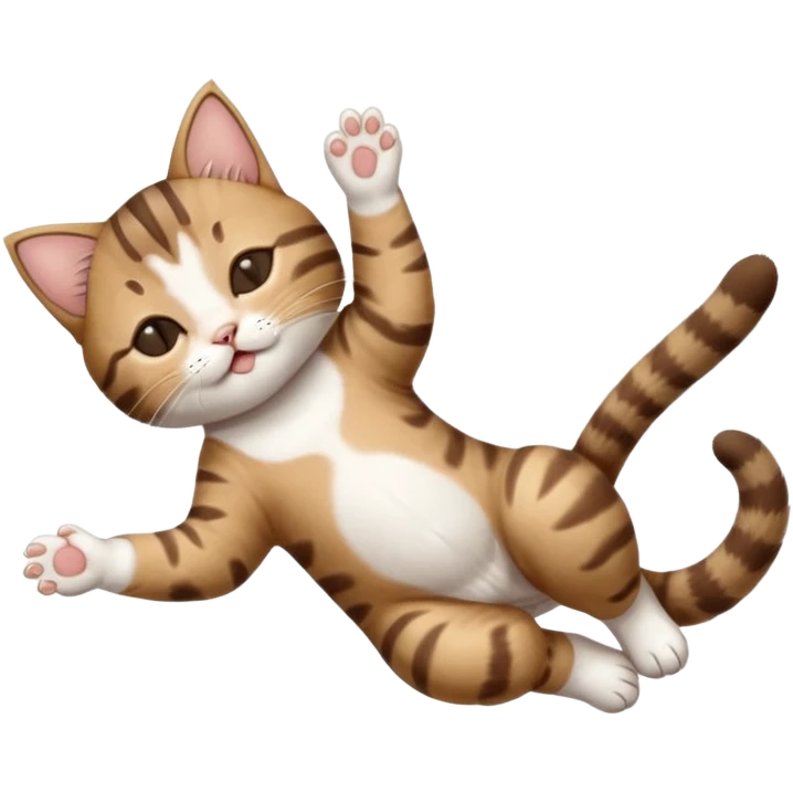 dark brown tabby and white kitten with his eyes closed whilst in funny positions stretched out and  upside down emoji