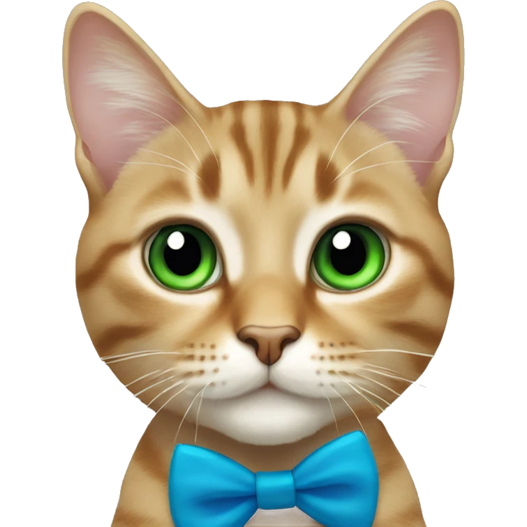 A tabby cat with green eyes and a blue bow tie  emoji