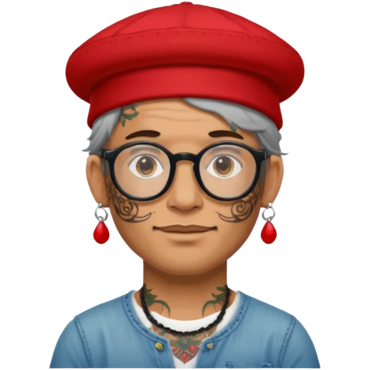 unique looking tourist with big unique red tourist hat and earrings, man with lots of tattoes and spectacles, hair showing emoji