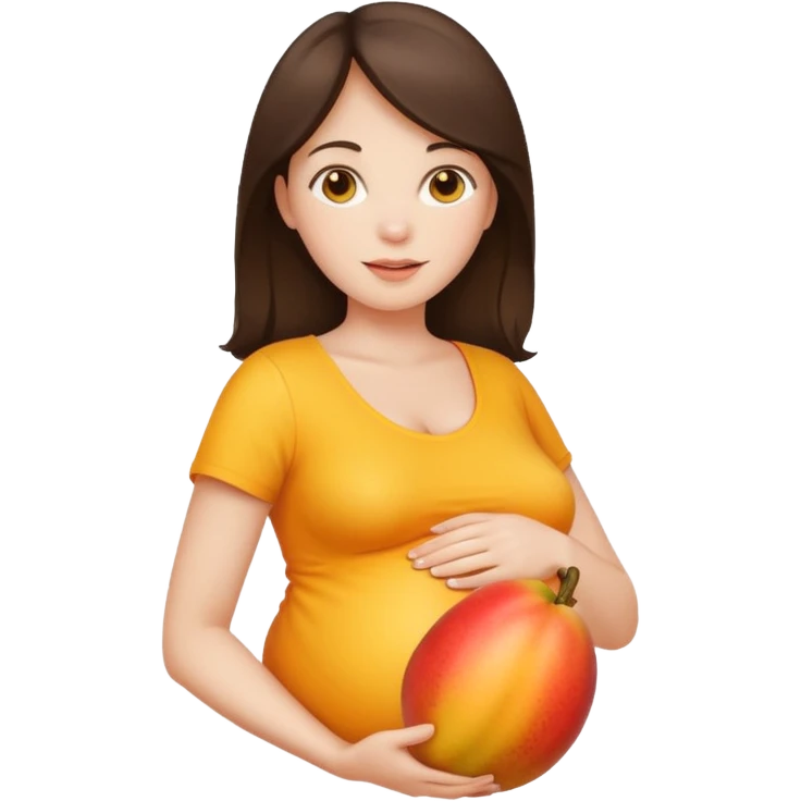 Brunette pregnant woman holding mango emoji