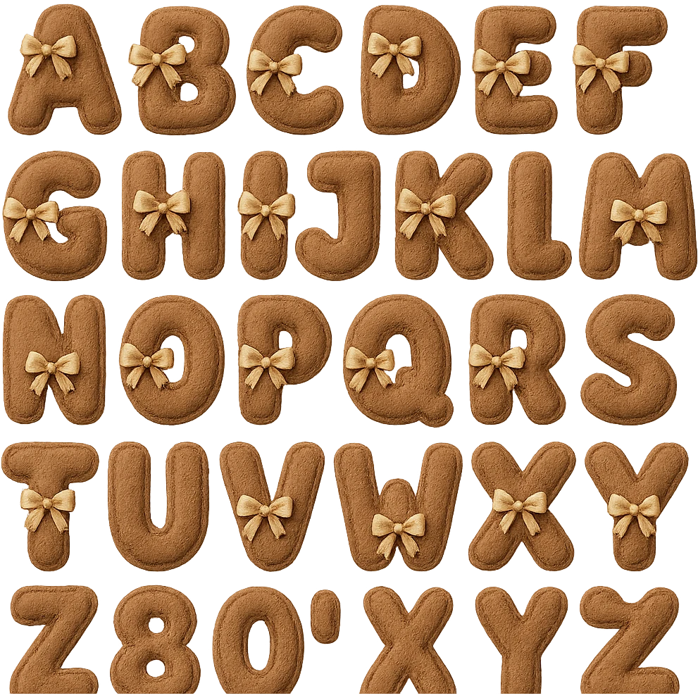 brown plush English alphabet, letters with ribbon accents, soft texture emoji