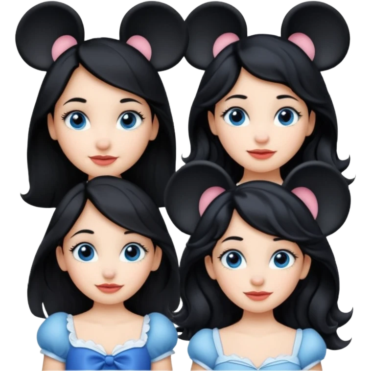 escribe el nombre Disneyland Paris y para titulo, pon a quatro chicas: una pelo corto negro, una pelo rizado largo, una pelo largo liso y la otra pelo ondulado mediano, esta con el ojos azules. Todas tienen piel carne emoji