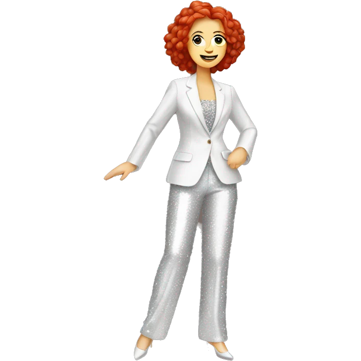 dancing white woman with red hair in a sparkly pantsuit emoji
