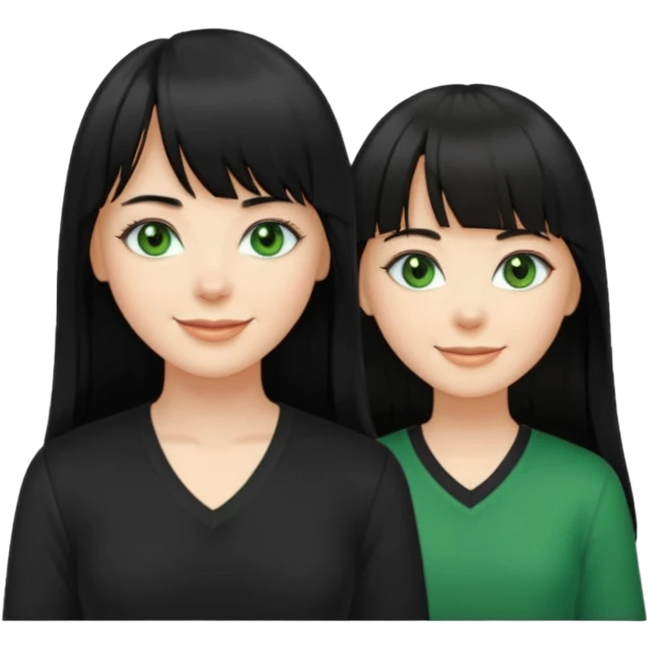 A white woman with Long straight hair with bangs, black hair, green eyes and a black low-cut shirt smiling emoji