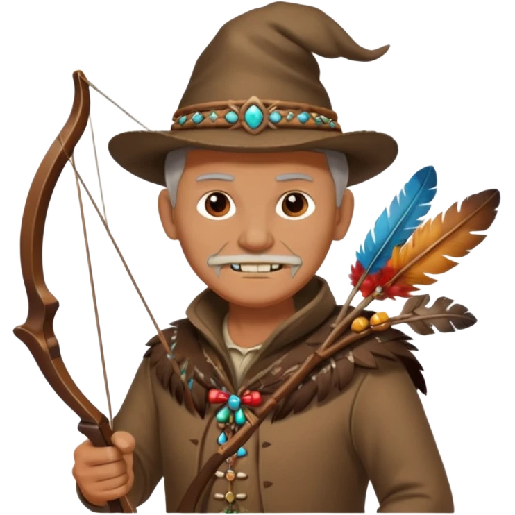 The classic image of a middle-aged uncle hunter carrying a bow, dressed in brown clothes, with some ornaments made of feathers, bones or teeth on his body. emoji