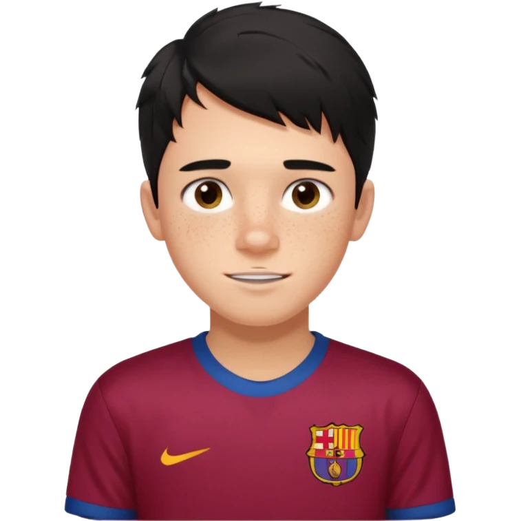 Un chico con pelo liso, desordenado y negro, tiene pecas, brackets, ojos cafés oscuros y con una camisa del Barcelona  emoji