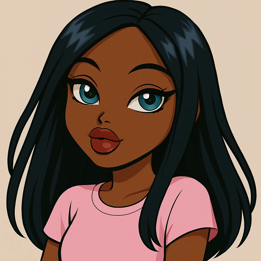 Change her expression to dreamy, headshot only, 20-year-old anime Bratz style woman with dark skin, straight hair, more casual outfit, big expressive eyes, glossy lips, no hat, no tears, looking straight ahead. The style should reflect anime Bratz aesthetics with emphasis on big expressive eyes and glossy lips. emoji