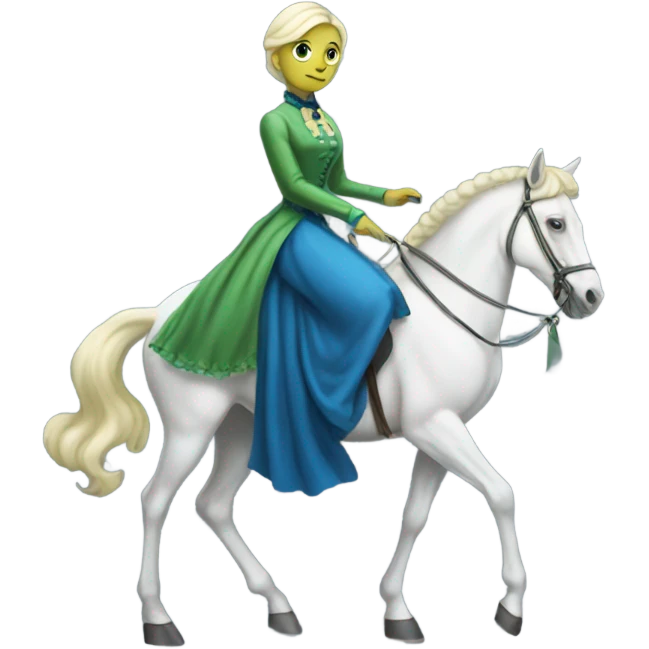 "galora green blonde alien woman" in blue Victorian dress elegant, full body, on white horse emoji