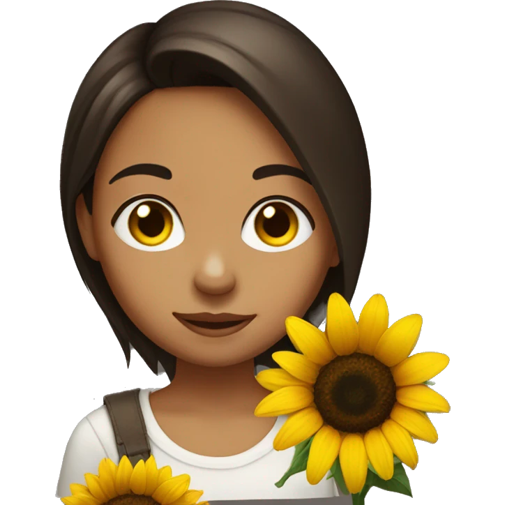 Dark brown hair, brown eyed girl holding sunflower emoji