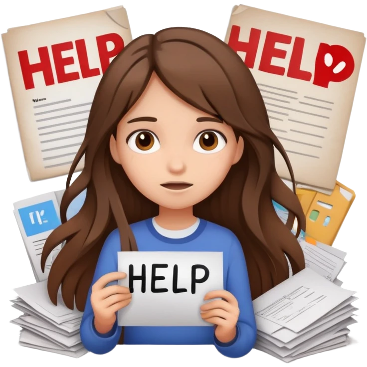 Girl with long brown hair holding a ‘help’ sign while surrounded by messy paperwork emoji