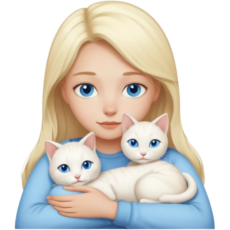 Blonde girl snuggling with white cat with blue eyes emoji