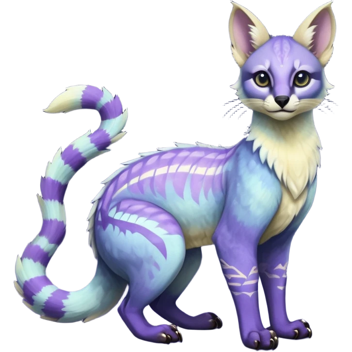 banana-cream-colored, tropical tribal glorious iridescent divine exotic cute cool beautiful beautiful fantasy-caracal-civet-genet-sergal-vernid-Gryphon-Cacomistle-Trico-oncilla-animal-Fakémon-hybrid-fursona (full body) with light slight indigo-violet-gradients accents  emoji