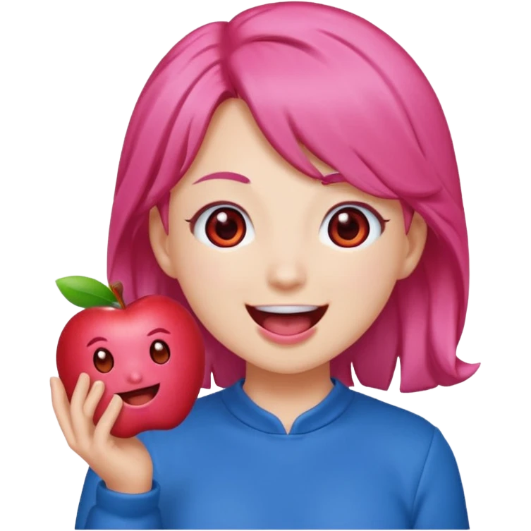 Teto Kasane emoji, apple style, pink twin-drill hair, red eyes, blue outfit, smiling with open mouth emoji
