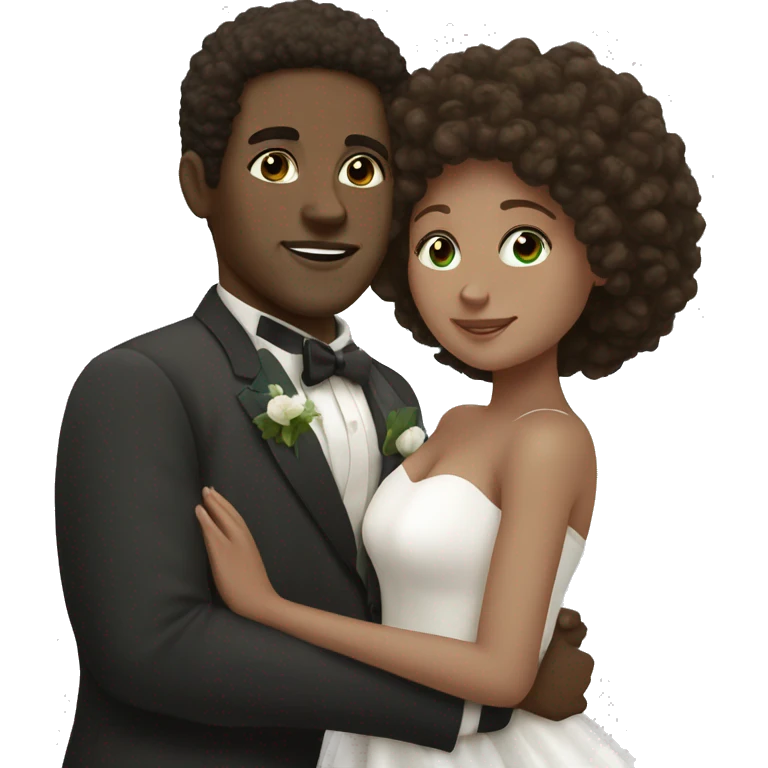 black man, brown eyes, afro hair, white woman, brown hair, dark green eyes, hugging wedding emoji