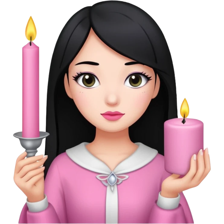 A gurl with black hair pink cloth make up holding a white candle emoji