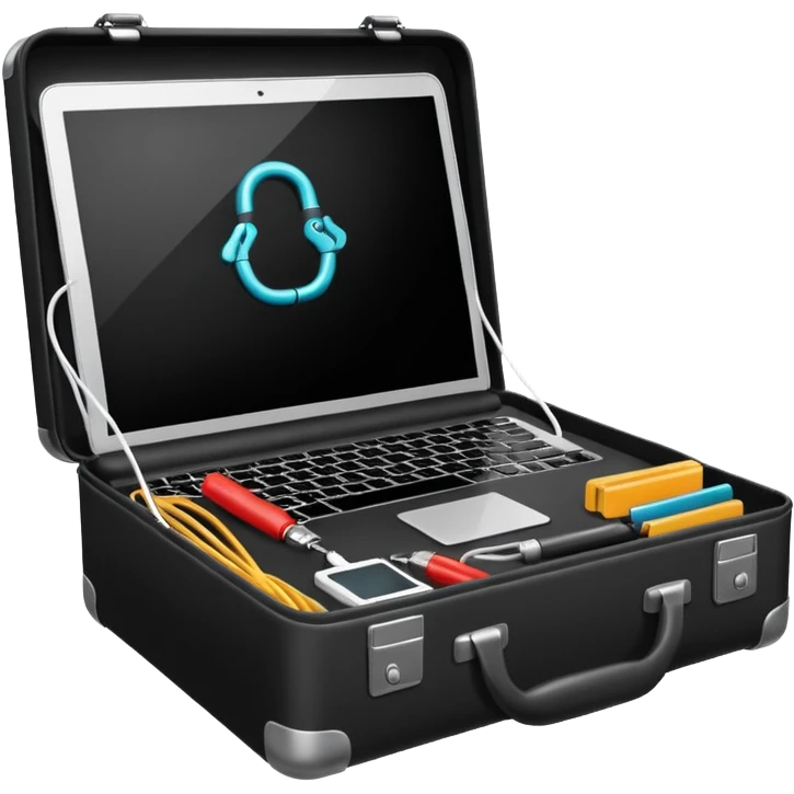 open black hacking briefcase with visible cables, laptop, and electronic tools emoji