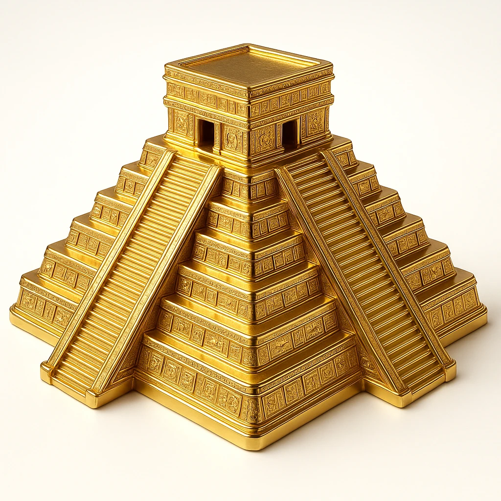 Mayan temple, shiny gold surfaces, intricate carvings, dramatic lighting, gold metallic style emoji