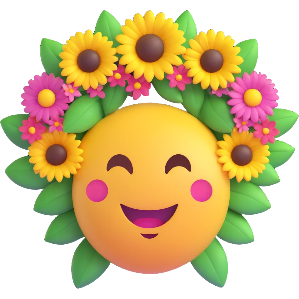 3D smiley emoji, nagy szempillás, virágkoszorúval, mosolygós emoji
