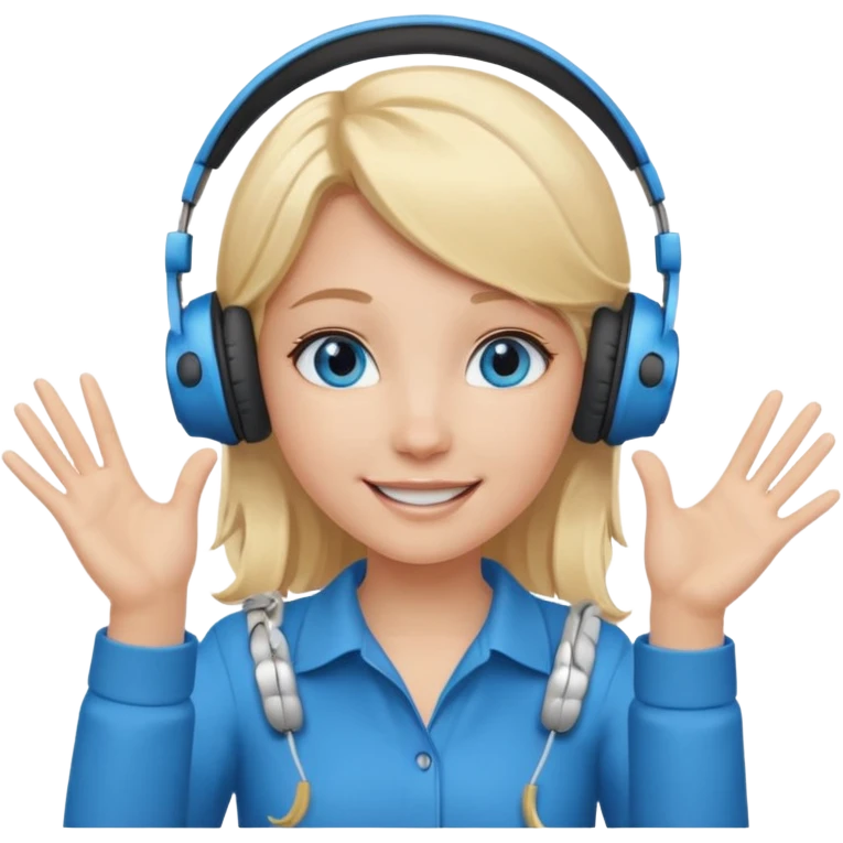 girl with blonde hair and blue eys with heands telling what, having heaphones on head emoji