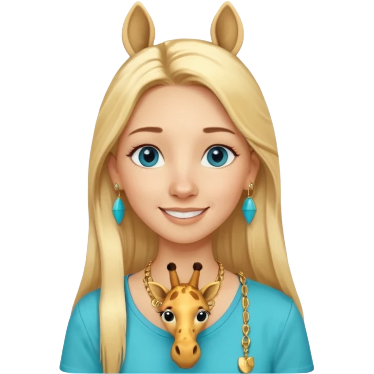 Swedish girl blonde long straigt hair blue eyes turqoise shirt gold earings, girrafe necklace gold small, long lashes smiling closed mouth emoji