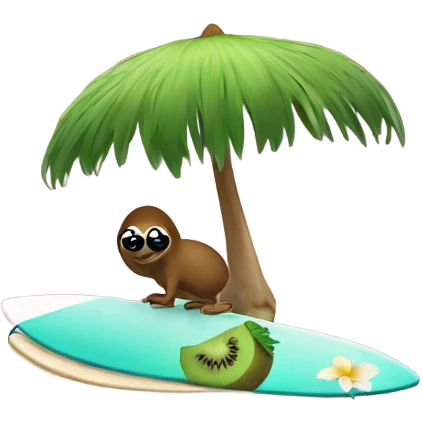 A kiwi on surfboard near an island emoji