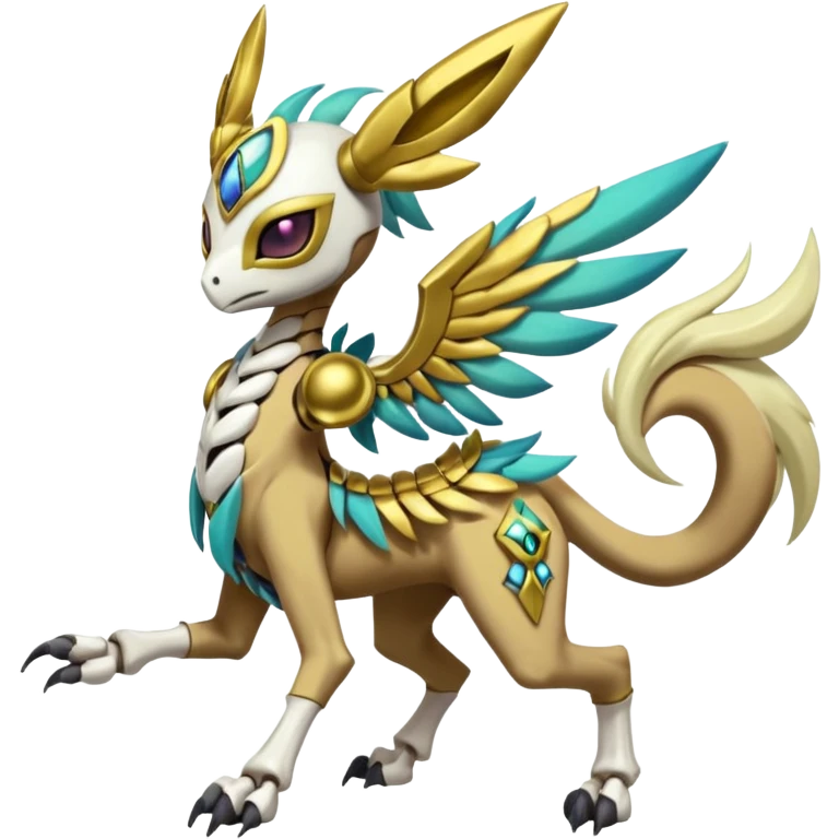 Big-eyed anime-styled Colorful Shiny Tribal Skeletal masked armored Meloetta-Silvally-Solgaleo-Raikou-Pokémon-Digimon-Fakémon-fusion-hybrid-creature, full body emoji