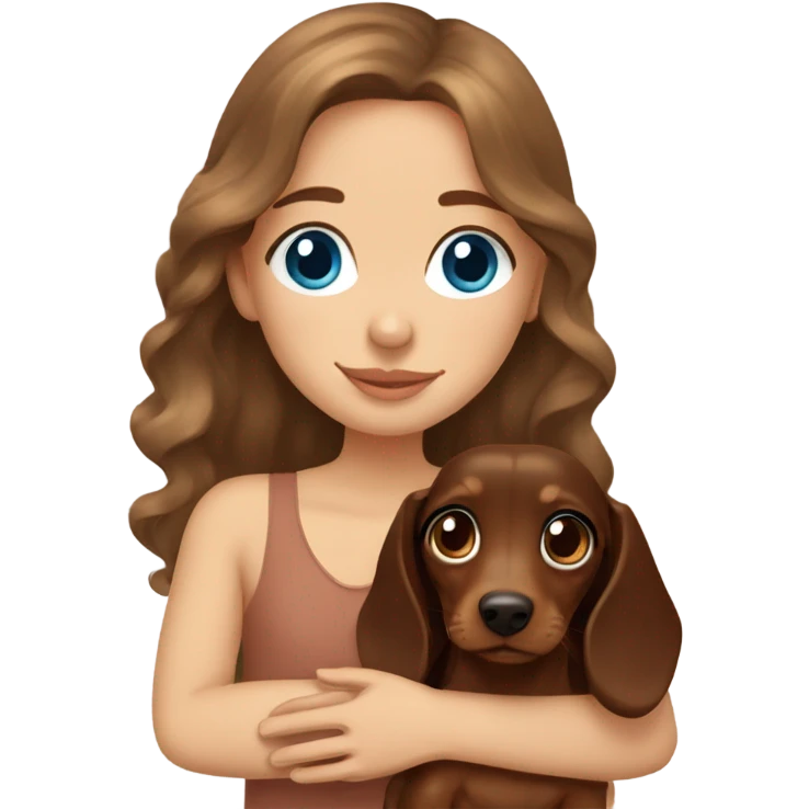 Brown long wavy hair blue eyes girl cuddling a small brown dachshund emoji