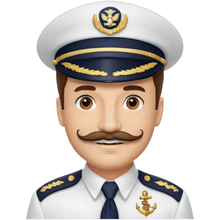 A light-skinned man with brown eyes and handlebar mustache, smiling while wearing a white captain’s hat with a navy emblem. emoji