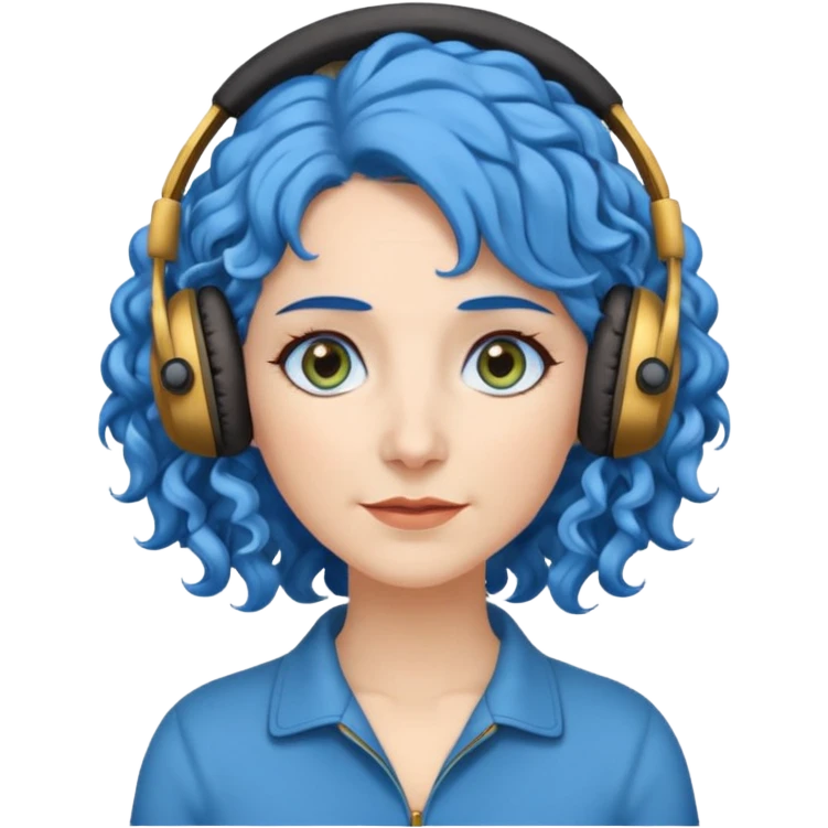 blue haired earringed heaphone wearing middle aged woman very very curly long haired and hazel small eyes emoji