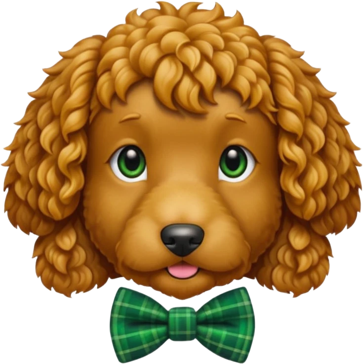 Golden doodle dog with curly hair wearing a green plaid bowtie emoji