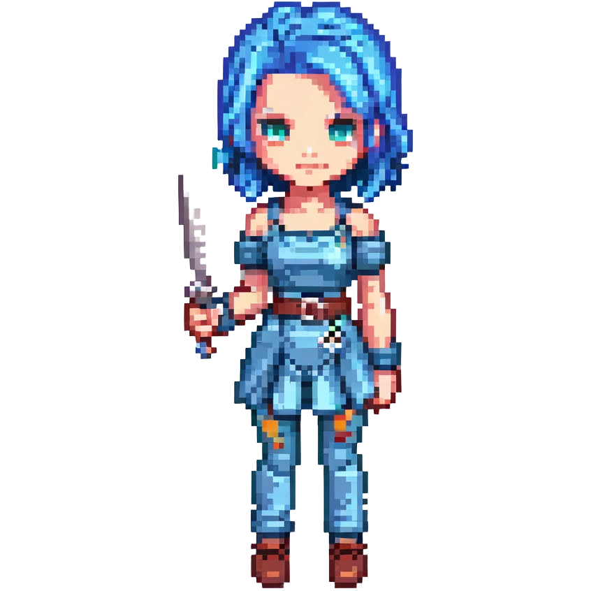 Gwen from League of Legends pixel art style, blue hair, holding scissors, simplified costume, game sprite look emoji