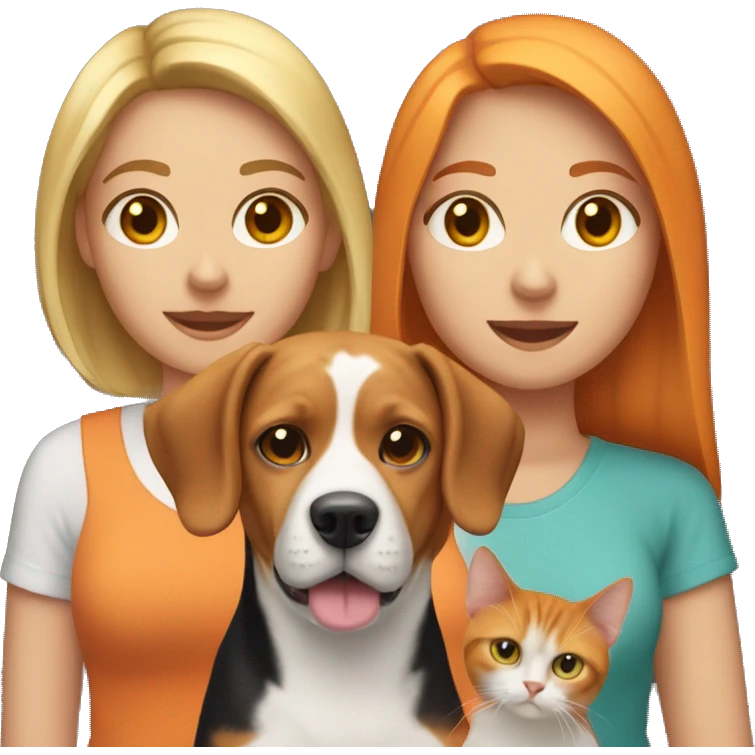 two white women couple, with one beagle dog, one orange cat, and two domestic short hair cats emoji
