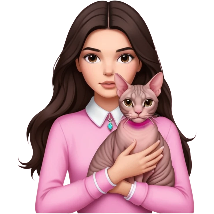 brunette Kendall Jenner with long hair holding on the hands a Sphynx cat wear on pink collar emoji