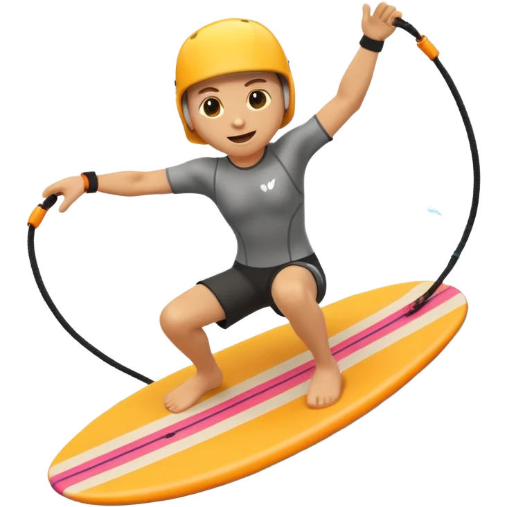 "Apple 3D emoji-style character wakeboarding mid-jump, with arms extended holding an orange rope, legs slightly bent on a yellow board. Stylized water splash behind. Emoji face, rounded body, bright and clean Apple shading." emoji