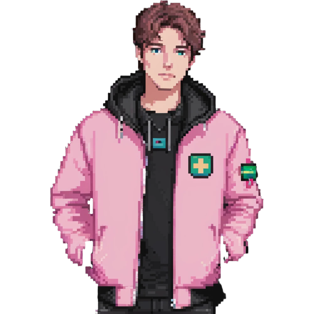 Garett Garrison from Minecraft movie wearing a pink jacket emoji