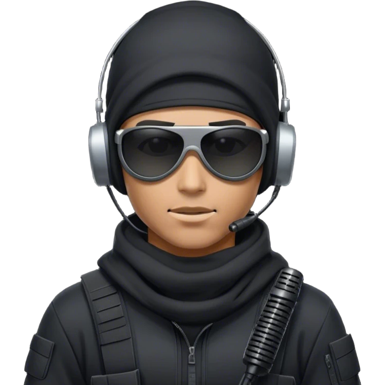 Futuristic special forces soldier wearing a white balaclava, black wraparound sunglasses, and a military headset with a microphone. Dressed in a dark hoodie. emoji