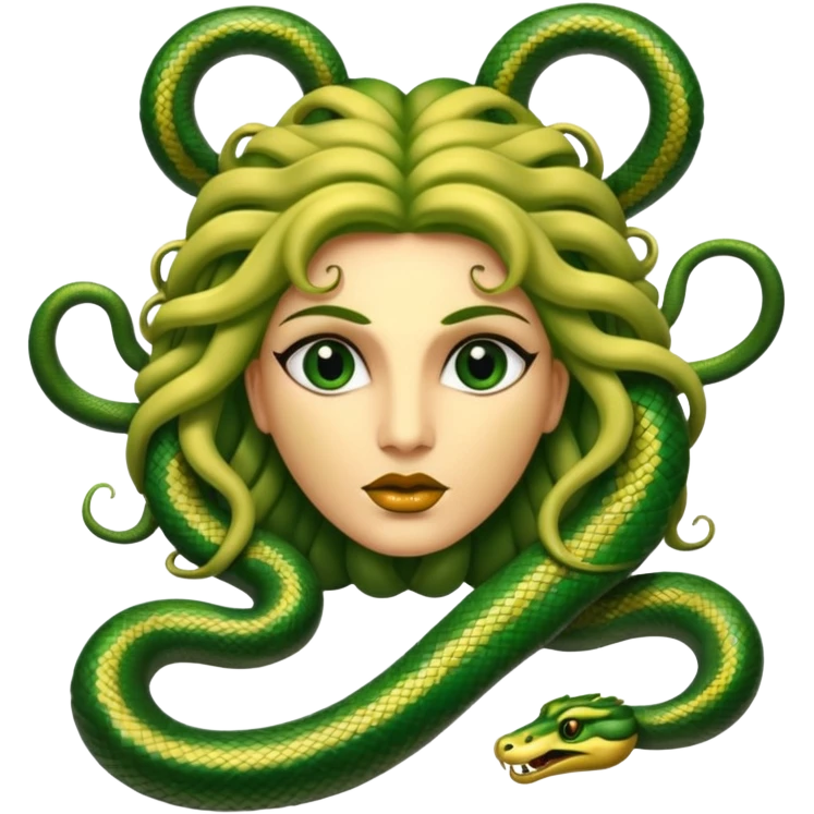 The Sicilian Medusa in gold and green and make the snake hair have snake faces  emoji