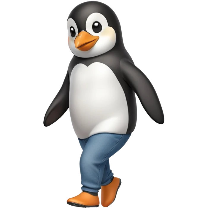 friendly anthropomorphised penguin in jeans and a t-shirt jogging upright relaxed pose no sunglasses emoji