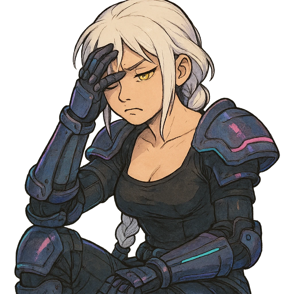  she is wearing armor, maximum power , facepalm smh, a closeup portrait of young woman with gold yellow eyes, white hair, long braid, black off-shoulder top d-cup, punk gothic style, futuristic cyberwave cyberpunk, sitting position emoji