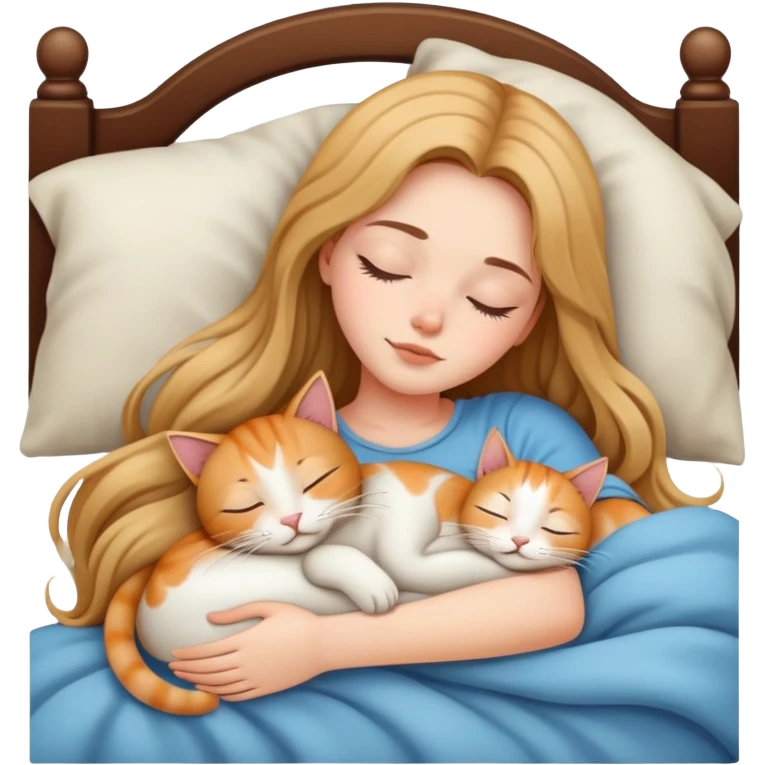 Generate a picture of a beautiful girl with long hair sleeping with a cat emoji